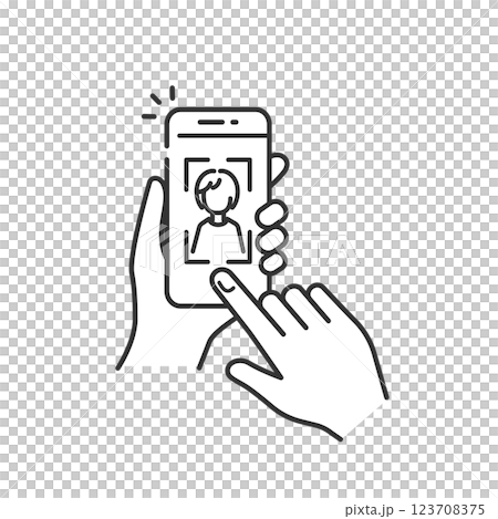 Icon for taking a photo with a smartphone, performing facial recognition and identity verification (biometric authentication, eKYC) 123708375