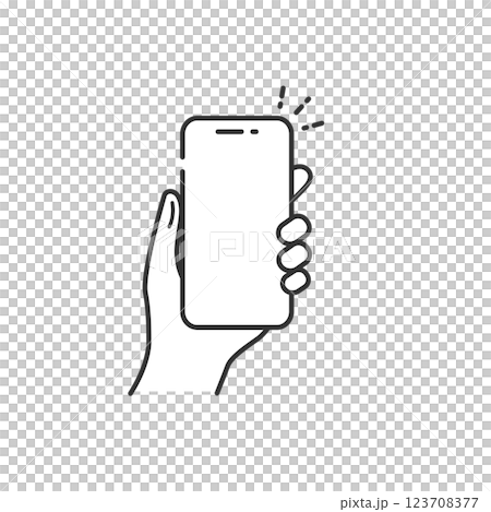 一隻手握著智慧型手機的模型圖示（簡單的線條畫，單色） 123708377