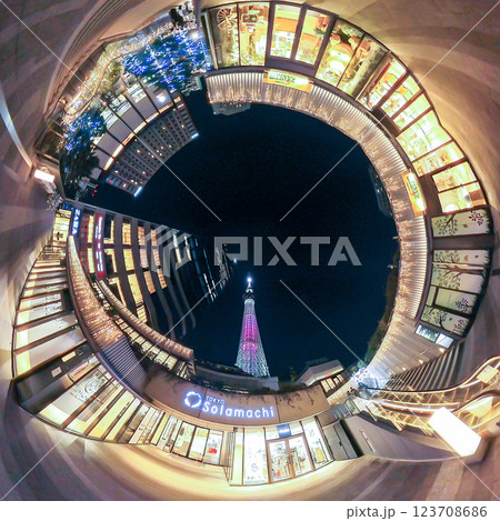 夜景「東京都」東京ソラマチを全天球カメラで撮影 夜景「東京都」東京ソラマチを全天球カメラで撮影 123708686