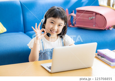 オンラインで授業を受ける女の子 オンラインで授業を受ける女の子 123708855