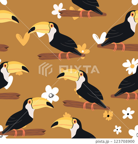 Seamless pattern with cute cartoon toucan bird on branch. Vector illustration for wallpaper, fabric, textile. Summer exotic print. Tropical toucan with floral monstera leaves 123708900