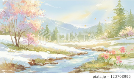 雪解けの小川と花の春の水彩画 雪解けの小川と花の春の水彩画 123708996