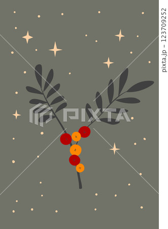 Advent calendar. Christmas print. Holiday Background with berry fruit. Doodle sprigs. Design for hiliday card, poster 123709252