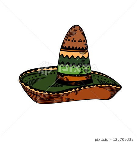 Mexican ethnic sombrero hat isolated element. Vector drawing illustration for icon, game, packaging, banner. Wild west, Mexico concept. Traditional Mexican wide brimmed hat Mexican ethnic sombrero hat isolated element. Vector drawing illustration for icon, game, packaging, banner. Wild west, Mexico concept. Traditional Mexican wide brimmed hat 123709335