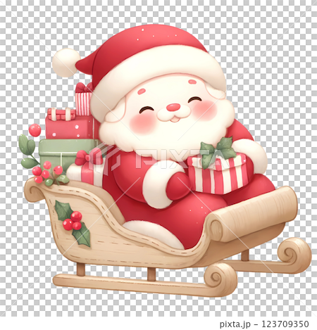 Santa Claus on sleigh with gift boxes Santa Claus on sleigh with gift boxes 123709350