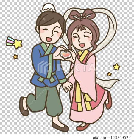 ハートポーズをする彦星と織姫 123709523