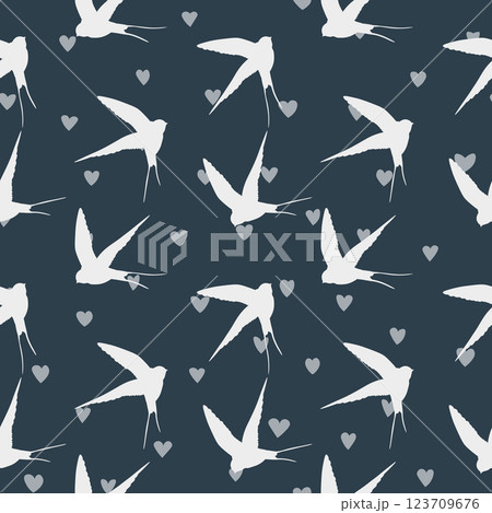 Seamless pattern with swallow silhouette on color background. Cute bird in flight. Vector illustration. Doodle style. Design for invitation, poster, card, fabric, textile 123709676