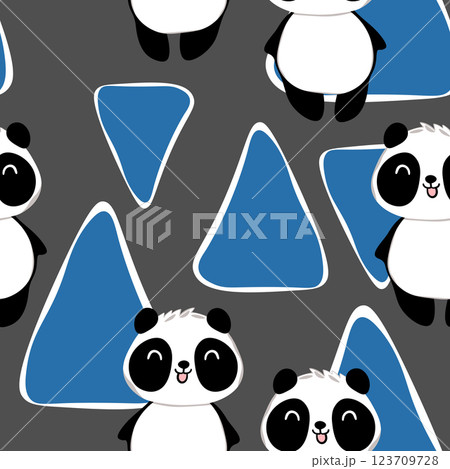 Seamless pattern with cute panda baby on color background. Funny asian animals. Card, postcards for kids. Flat vector illustration for fabric, textile, wallpaper, poster, gift wrapping paper 123709728