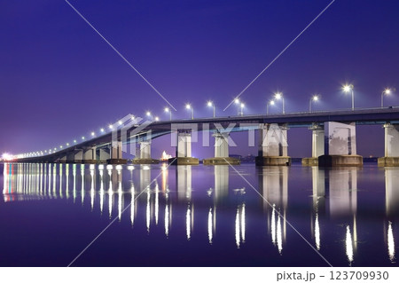 【滋賀県】シンメトリーな琵琶湖大橋の夜景 123709930
