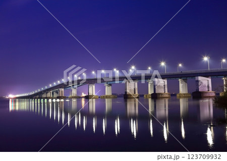 【滋賀県】シンメトリーな琵琶湖大橋の夜景 123709932