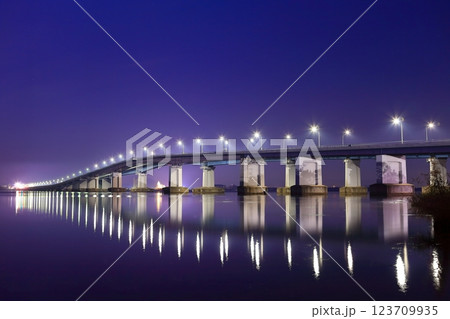 【滋賀県】シンメトリーな琵琶湖大橋の夜景 123709935