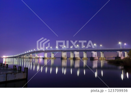 【滋賀県】シンメトリーな琵琶湖大橋の夜景 123709936