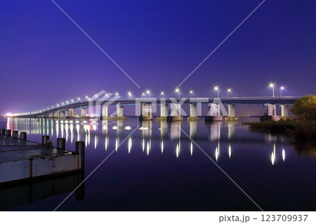 【滋賀県】シンメトリーな琵琶湖大橋の夜景 【滋賀県】シンメトリーな琵琶湖大橋の夜景 123709937