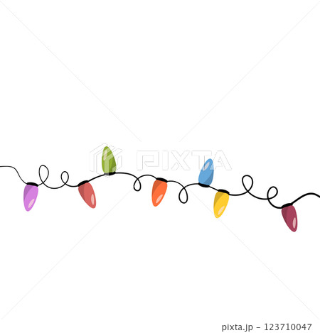 Garland illuminate lightbulbs. Vector realistic glowing colorful christmas lights. National lights day. Vector colorful holiday Christmas New Year 123710047