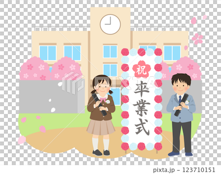 卒業式イメージ素材_校舎の前で卒業証書を持つ子供のベクターイラスト 123710151