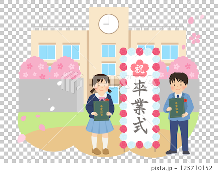 卒業式イメージ素材_校舎の前で卒業証書を持つ子供のベクターイラスト 123710152