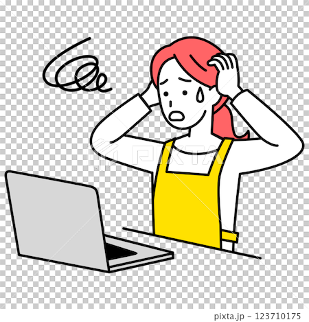 A woman in an apron having trouble with her laptop 123710175