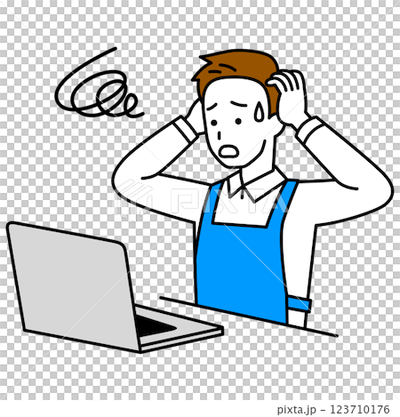 ノートパソコンでトラブルになるエプロン姿の男性 123710176
