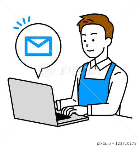 ノートパソコンでメールを受信するエプロン姿の男性 123710178