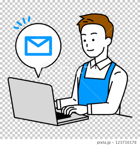 一名身穿圍裙的男子在筆記型電腦上接收電子郵件 一名身穿圍裙的男子在筆記型電腦上接收電子郵件 123710178