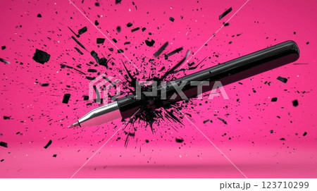 Dynamic Explosion of Ink from Fountain Pen Against Vibrant Pink Background Capturing Creativity 123710299