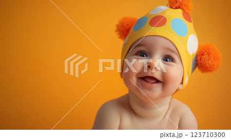 Happy Baby Smiling in Colorful Clown Hat with Pom Poms on Bright Orange Background 123710300