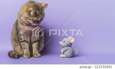Cat Stares at a Soft Toy Mouse on a Purple Background in a Playful and Curious Moment of Interaction 123710301