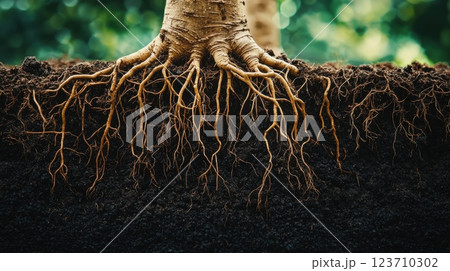 Close-Up View of Tree Roots Embedded in Rich Dark Soil Against a Soft-Focused Nature Background 123710302