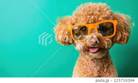 Poodle Dog with Orange Glasses Against Bright Turquoise Background Smiling Cheerfully and Looking Playful 123710304