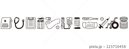 シンプルな医療器具のアイテムイラスト複数_主線ありタッチのライン飾り(白黒) シンプルな医療器具のアイテムイラスト複数_主線ありタッチのライン飾り(白黒) 123710458