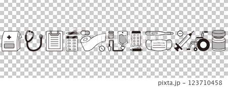 シンプルな医療器具のアイテムイラスト複数_主線ありタッチのライン飾り(白黒) シンプルな医療器具のアイテムイラスト複数_主線ありタッチのライン飾り(白黒) 123710458