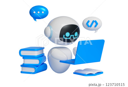 3D graphics of AI character studying in front of laptop 123710515