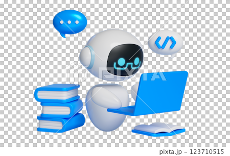 3D graphics of AI character studying in front of laptop 3D graphics of AI character studying in front of laptop 123710515