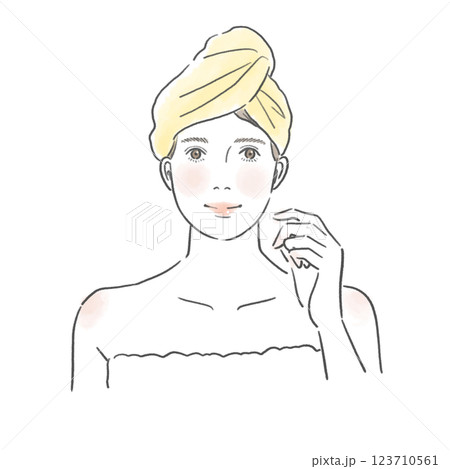 頭にタオルラップをして微笑む綺麗な女性のイラスト 頭にタオルラップをして微笑む綺麗な女性のイラスト 123710561