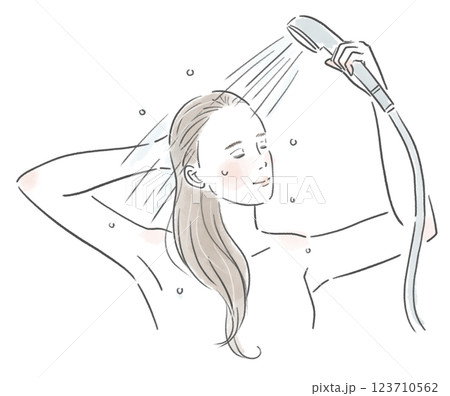 シャワーを浴びている綺麗な女性の上半身のイラスト 123710562