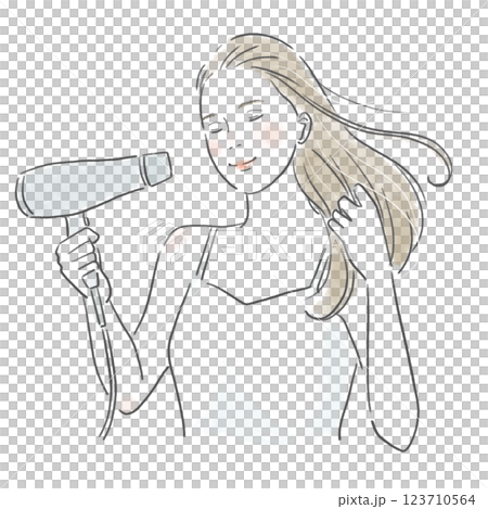 一位美女洗完澡後用吹風機吹乾長髮的插圖 123710564