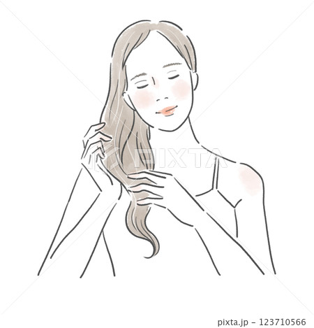 微笑みながらヘアケアをする髪の長い綺麗な女性のイラスト 123710566