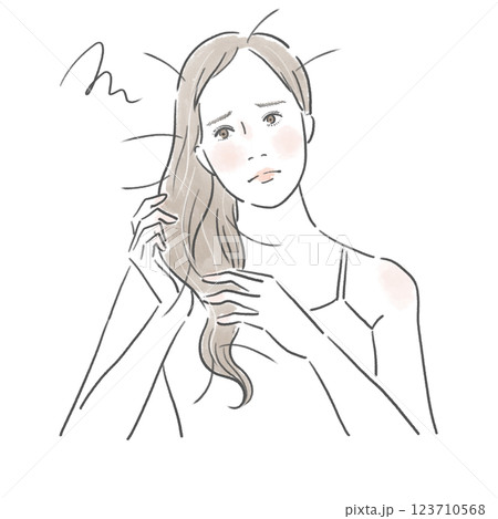 ダメージを受けた髪を触り困った顔をする綺麗な女性のイラスト 123710568
