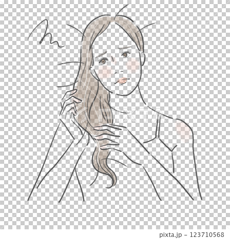 一位美麗女人撫摸自己受損的頭髮並露出憂慮表情的插圖 一位美麗女人撫摸自己受損的頭髮並露出憂慮表情的插圖 123710568