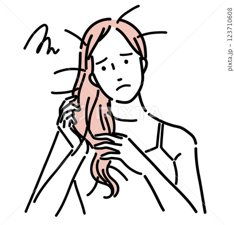 ダメージを受けた髪を触り困った顔をする綺麗な女性のイラスト 123710608