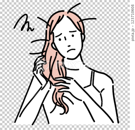 Illustration of a beautiful woman touching her damaged hair and making a troubled face 123710608