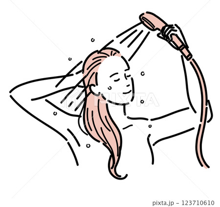 シャワーを浴びている綺麗な女性の上半身のイラスト シャワーを浴びている綺麗な女性の上半身のイラスト 123710610