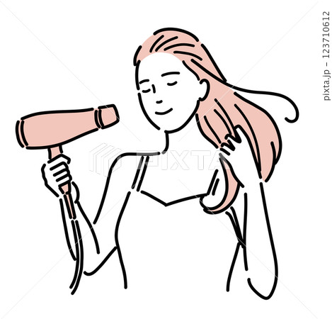 風呂上りにドライヤーで髪の毛を乾かす綺麗な女性のイラスト 風呂上りにドライヤーで髪の毛を乾かす綺麗な女性のイラスト 123710612