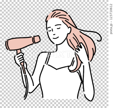 一位美女洗完澡後用吹風機吹乾頭髮的插圖 一位美女洗完澡後用吹風機吹乾頭髮的插圖 123710612