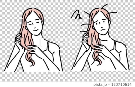 一位美麗女人對自己的頭髮護理感到高興和悲傷的插圖 一位美麗女人對自己的頭髮護理感到高興和悲傷的插圖 123710614