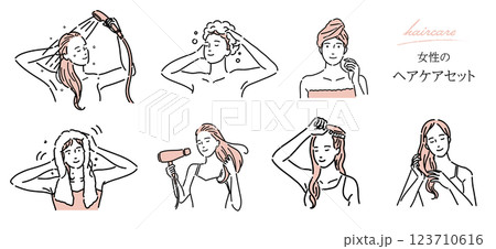 洗髪やドライヤー、ブラッシングなどのヘアケアをする綺麗な女性達のイラスト 洗髪やドライヤー、ブラッシングなどのヘアケアをする綺麗な女性達のイラスト 123710616