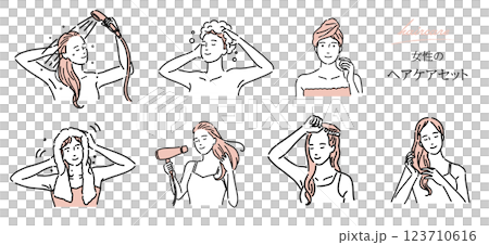 Illustrations of beautiful women taking care of their hair by washing, drying, brushing, etc. 123710616