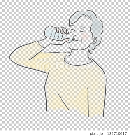 一位健康的白髮老年婦女喝瓶裝水以防中暑的插圖 123710617
