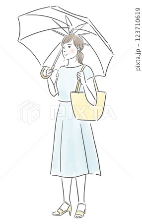 熱中症対策で日傘を差す青いワンピースを着た綺麗な女性のイラスト 123710619