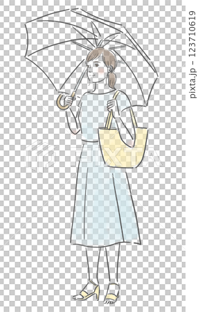 熱中症対策で日傘を差す青いワンピースを着た綺麗な女性のイラスト 123710619